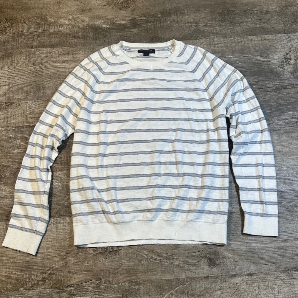 Banana Republic Mens White Grey Striped Cotton‎ Slub Crewneck Sweater Large L
